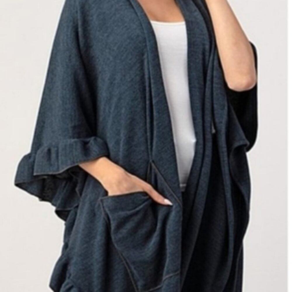 NWT Long Slate Blue Ruffled Cardigan Cape - Picture 6 of 9